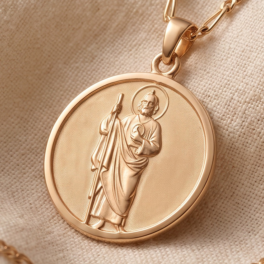 Saint medallion, flat lay