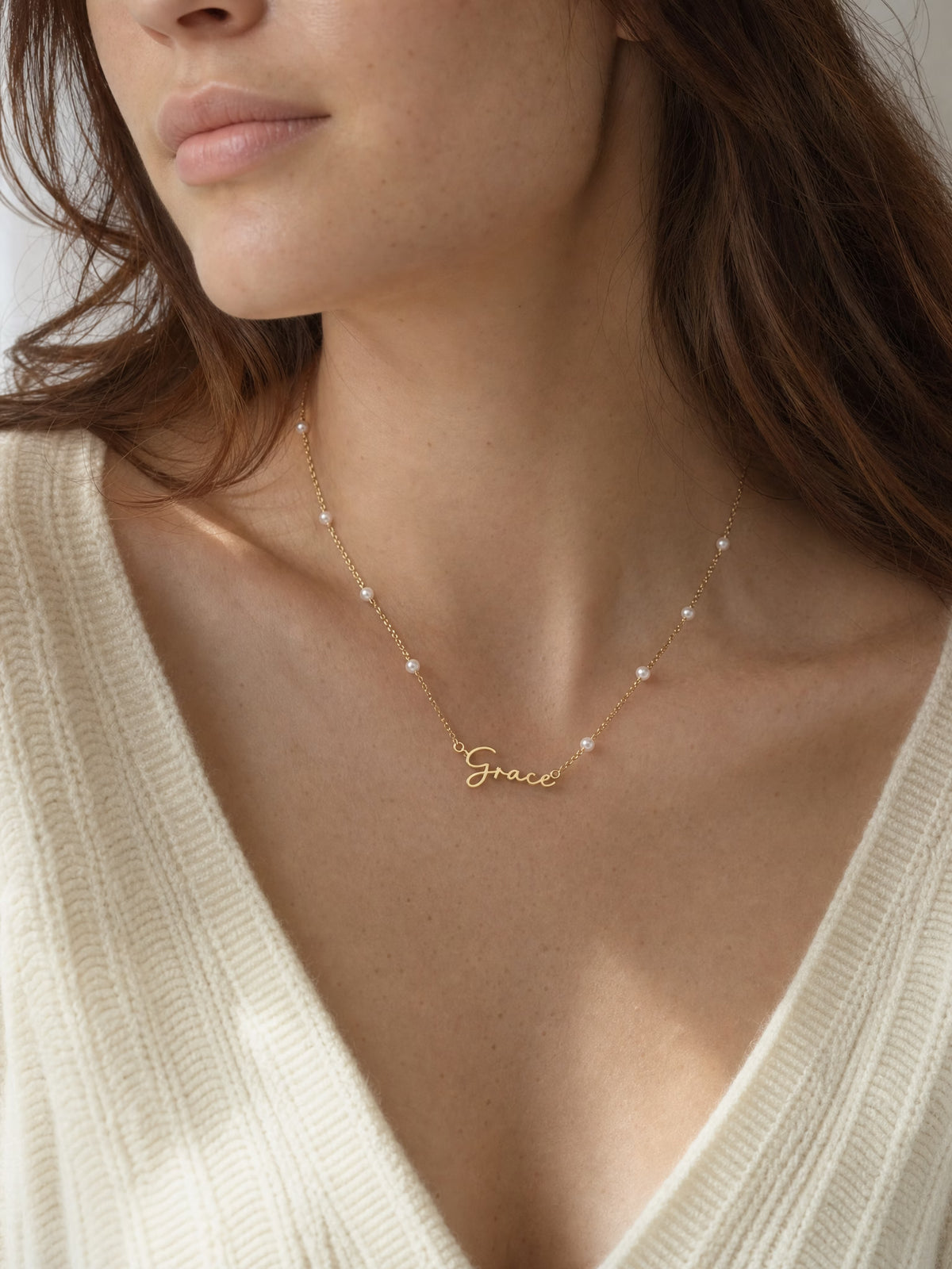 SAINT GILD faux pearl name necklace lifestyle