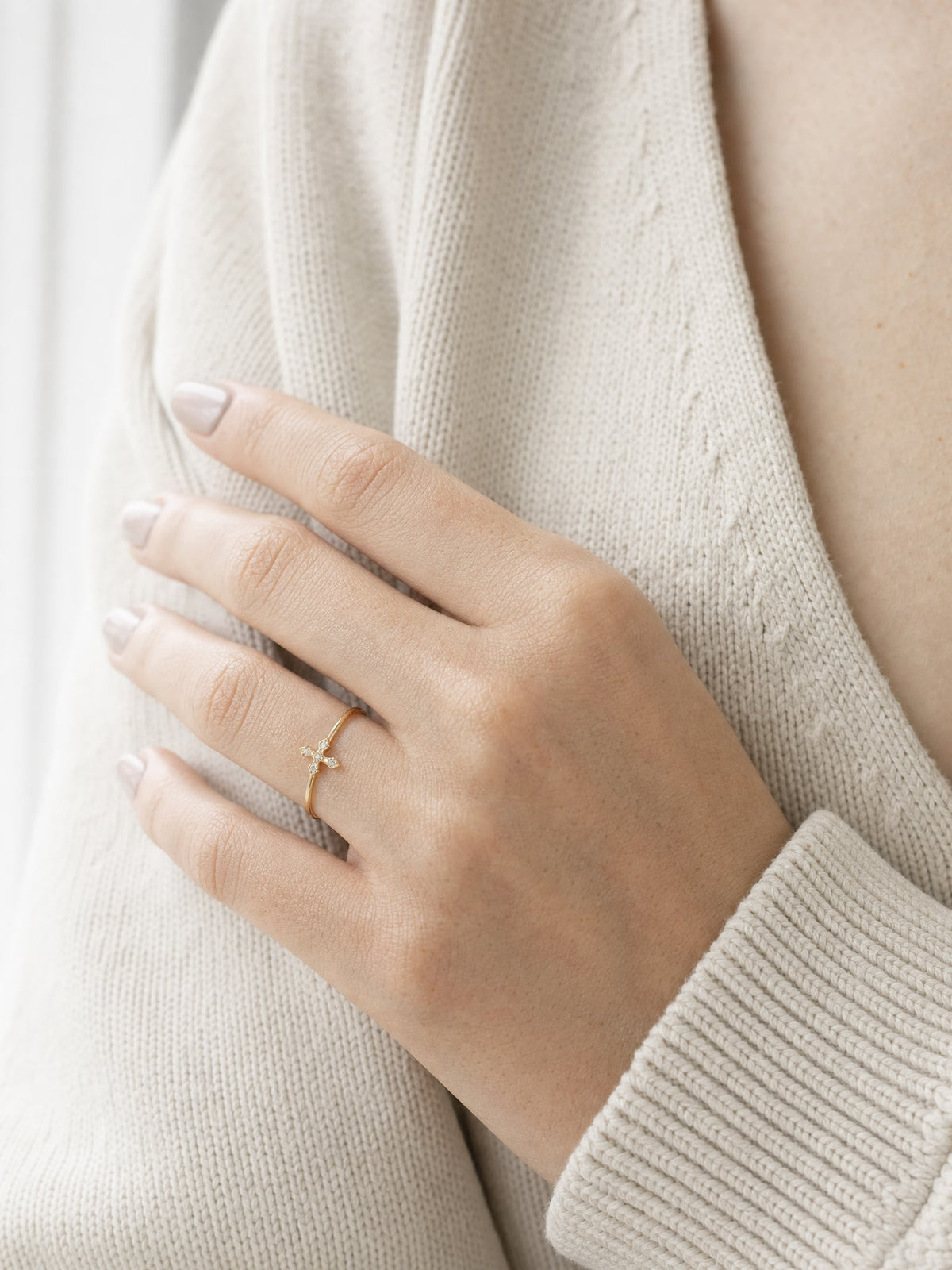 SAINT GILD Dainty Cross Band Ring worn
