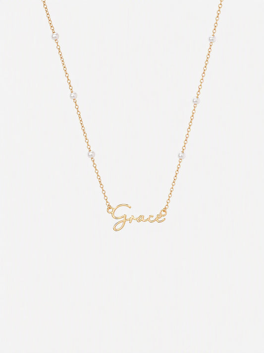 SAINT GILD Faux Pearl Name Necklace gold