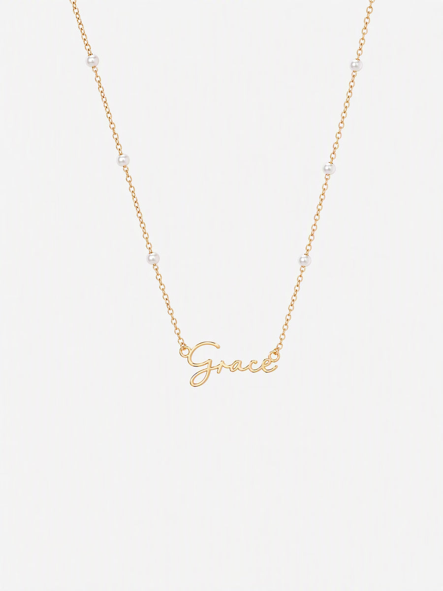 SAINT GILD Faux Pearl Name Necklace gold