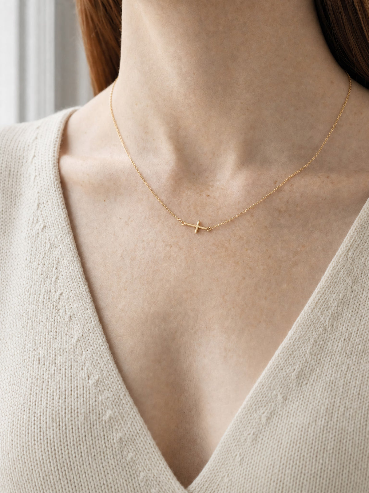 SAINT GILD Sideways Cross Necklace worn